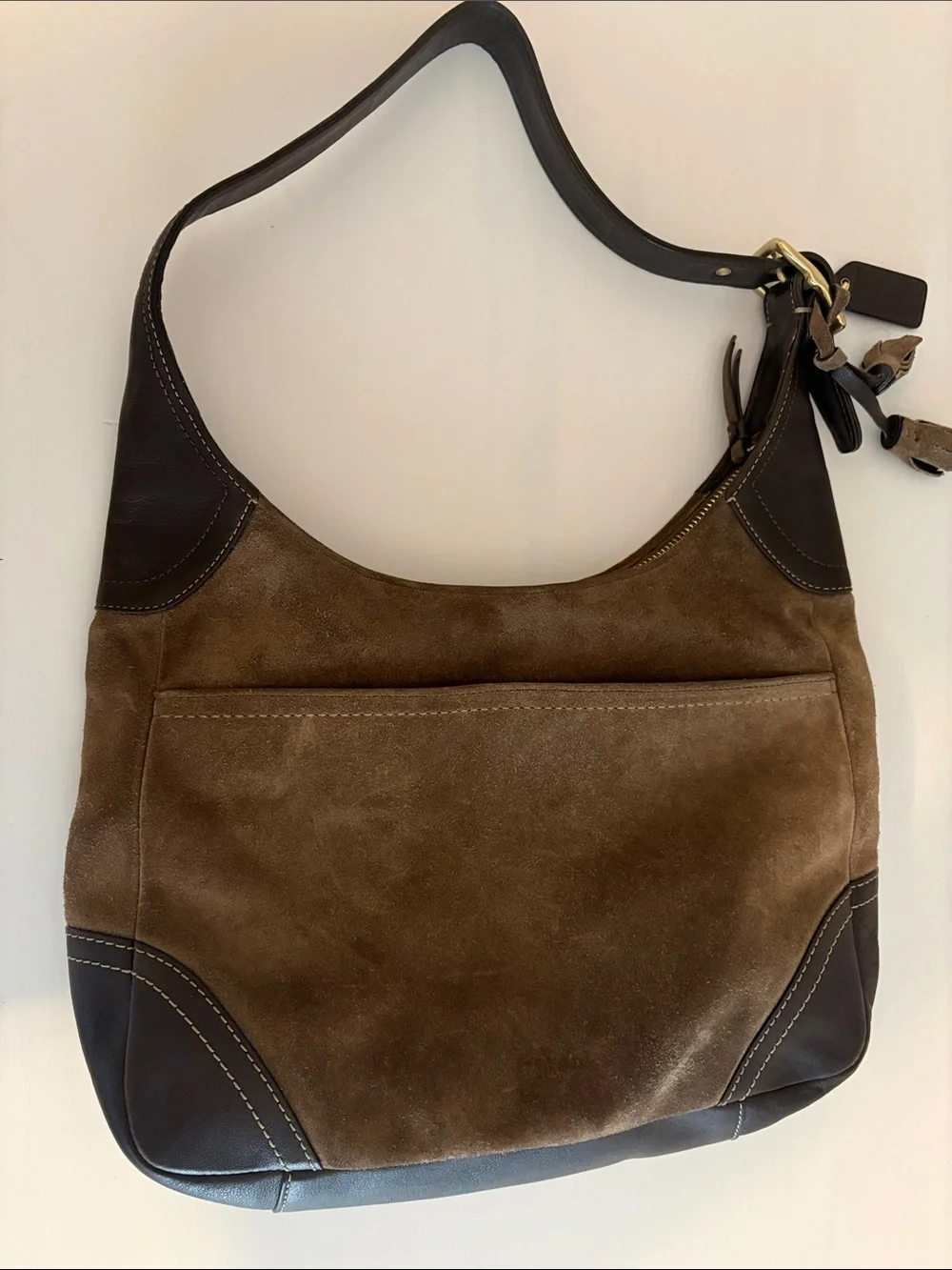 Coach Classic Brown Suede Hobo Handbag with Dark Leather Trim